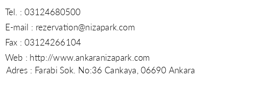 Niza Park Hotel Ankara telefon numaralar, faks, e-mail, posta adresi ve iletiim bilgileri